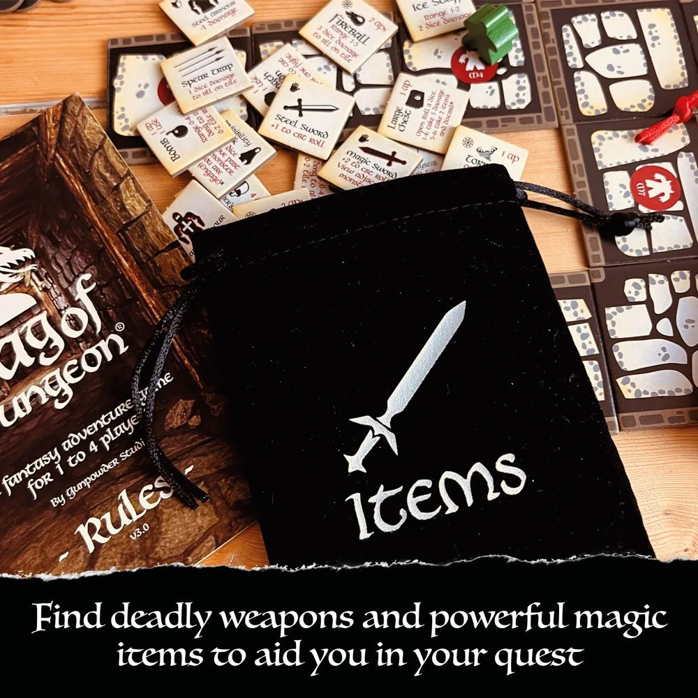 Bag of Dungeon is a fantasy crawler adventure board game | Enter the dragon's lair | 1-4 Players | Age 7+ | Simple-to-play | Travel Friendly | Tabletop RPG | Classic sword and sorcery gaming in a bag Bag of Dungeon is a fantasy crawler adventure board game | Enter the dragon's lair | 1-4 Players | Age 7+ | Simple-to-play | Travel Friendly | Tabletop RPG | Classic sword and sorcery gaming in a bag