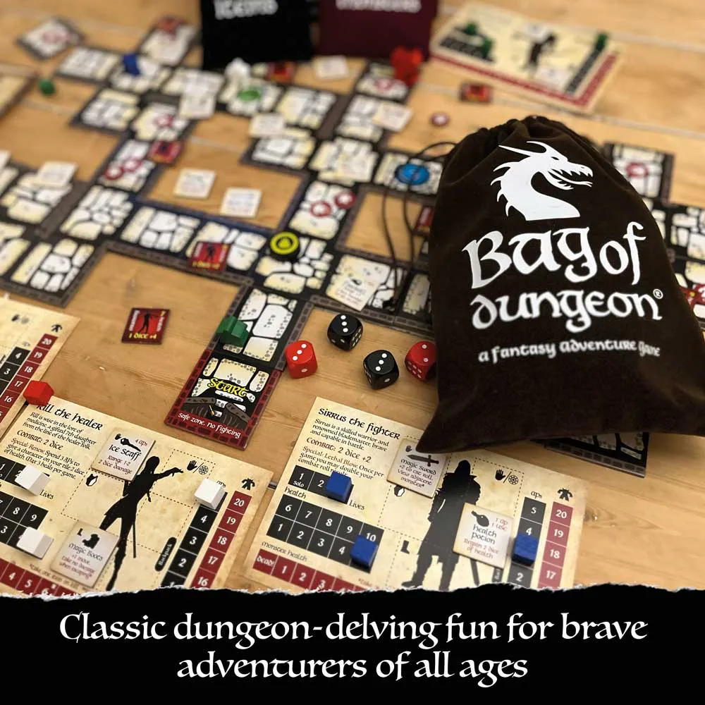 Bag of Dungeon is a fantasy crawler adventure board game | Enter the dragon's lair | 1-4 Players | Age 7+ | Simple-to-play | Travel Friendly | Tabletop RPG | Classic sword and sorcery gaming in a bag Bag of Dungeon is a fantasy crawler adventure board game | Enter the dragon's lair | 1-4 Players | Age 7+ | Simple-to-play | Travel Friendly | Tabletop RPG | Classic sword and sorcery gaming in a bag